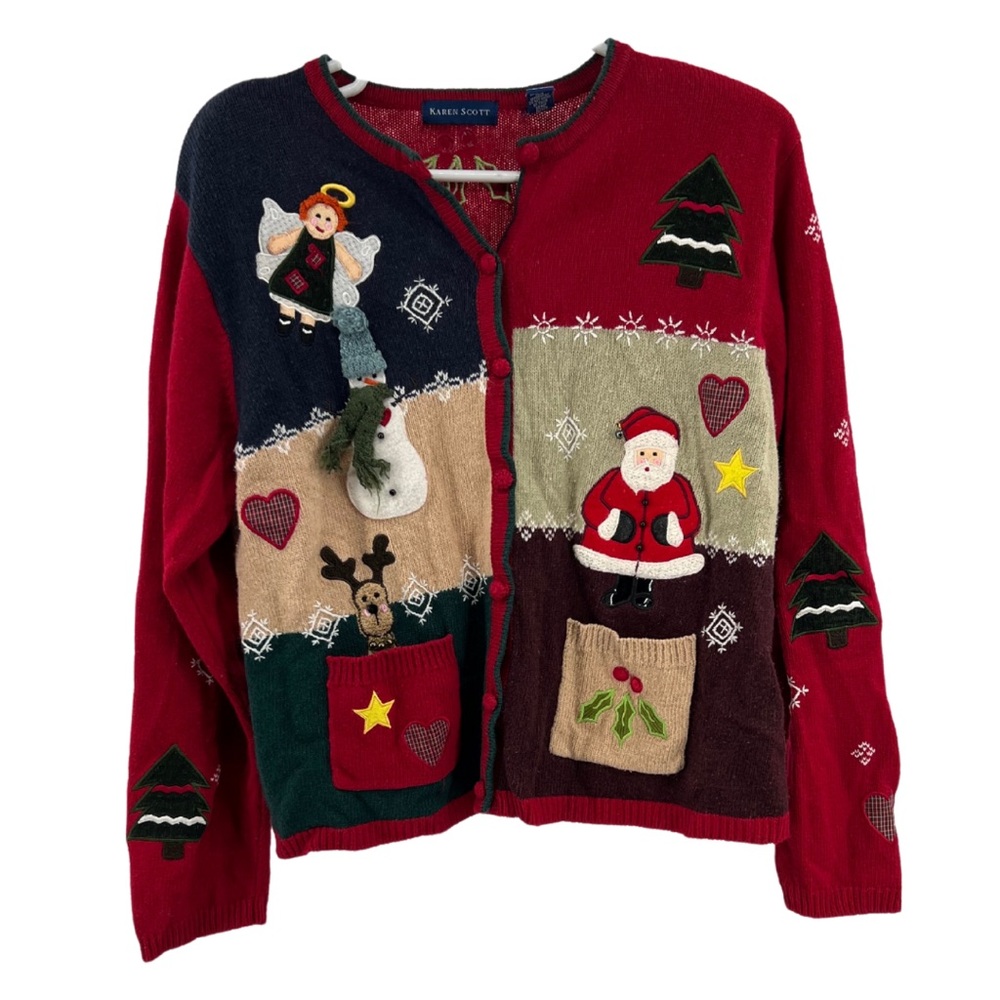Karen Scott XL wool blend Santa angel reindeer country cardigan snowman holiday